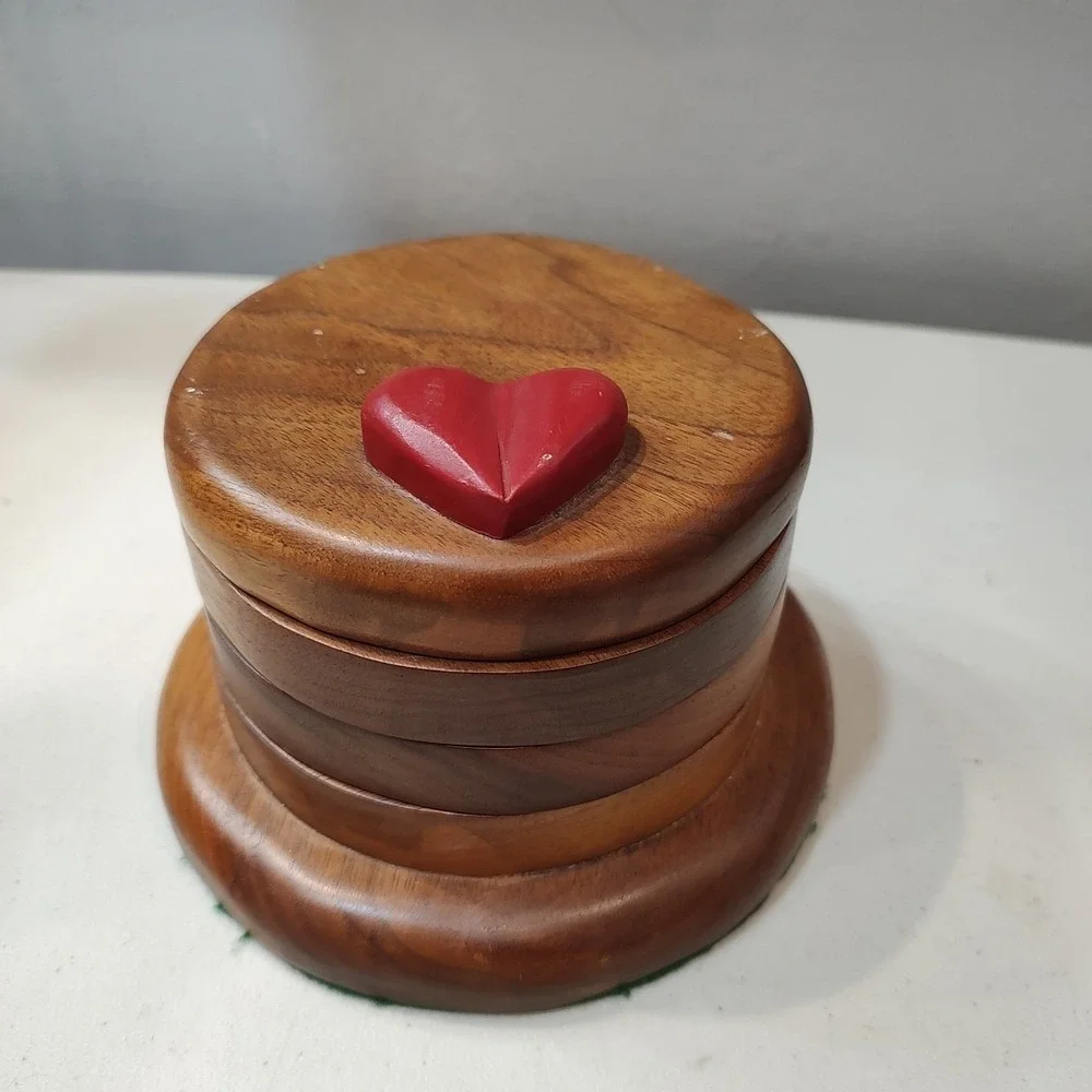 Vtg 3 Tier Round Wooden Swivel Jewelry Box With Lined Drawers Heart Country Core